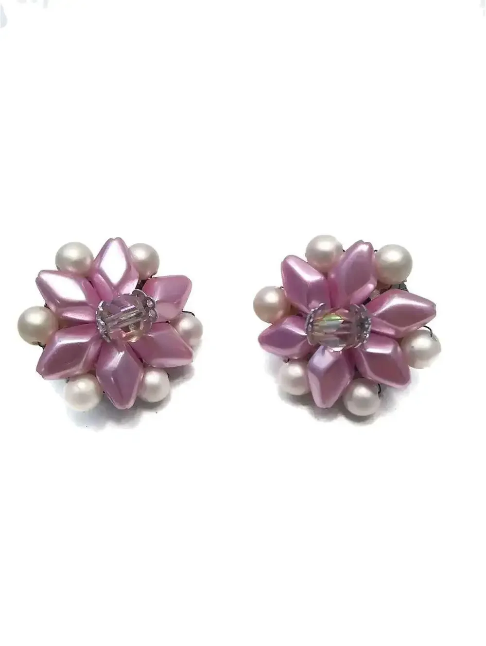 VTG JAPAN Plastic White, Faux Pearl and Purple Colored Flower Clip on Earrings.
